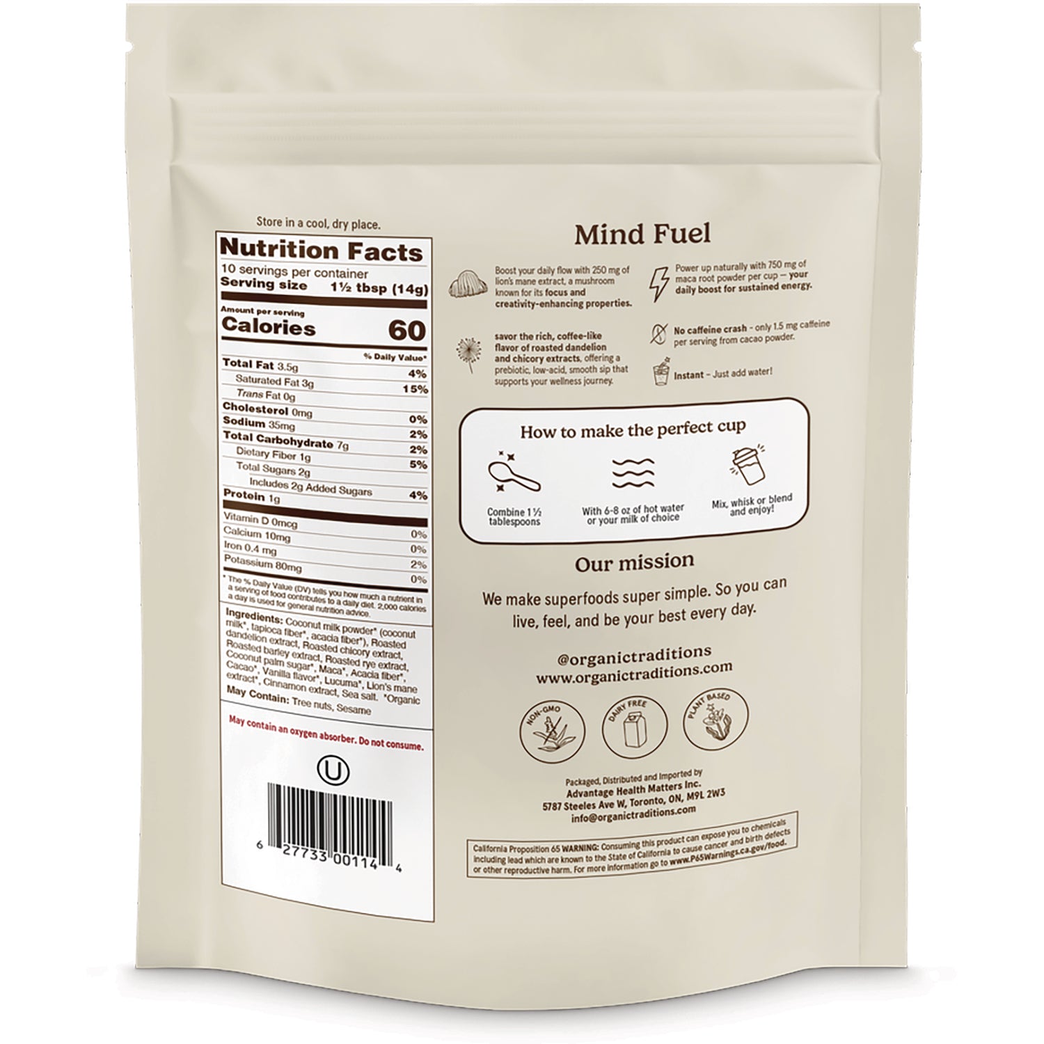 OTR101 | back of beige pouch showing Nutrition Facts, barcode, product mission, and how to make the perfect cup instructions