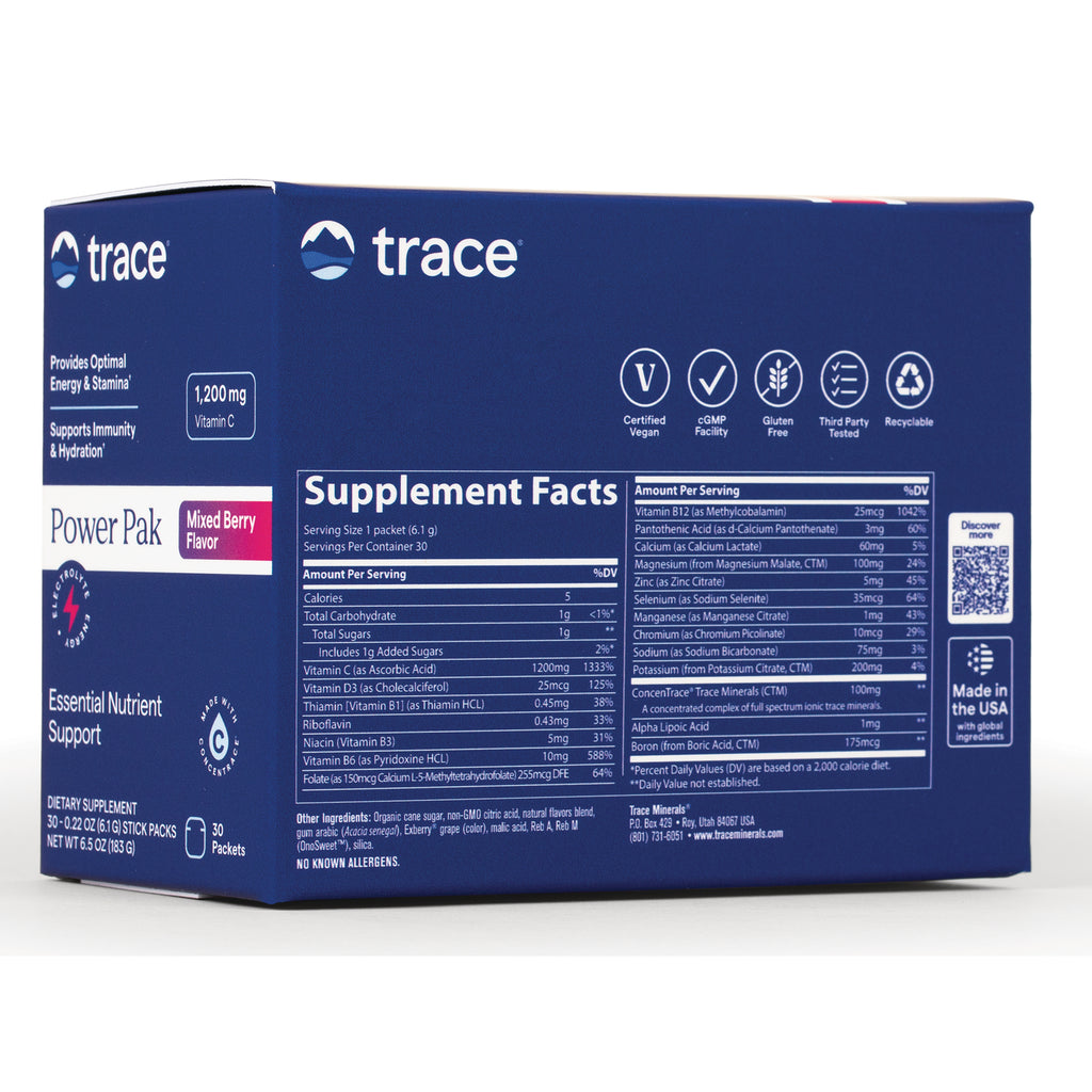 TM119 | Trace Power Pak Mixed Berry box back with Supplement Facts panel and icons: Vegan, cGMP, Gluten Free, Third Party Tested - Thumbnail