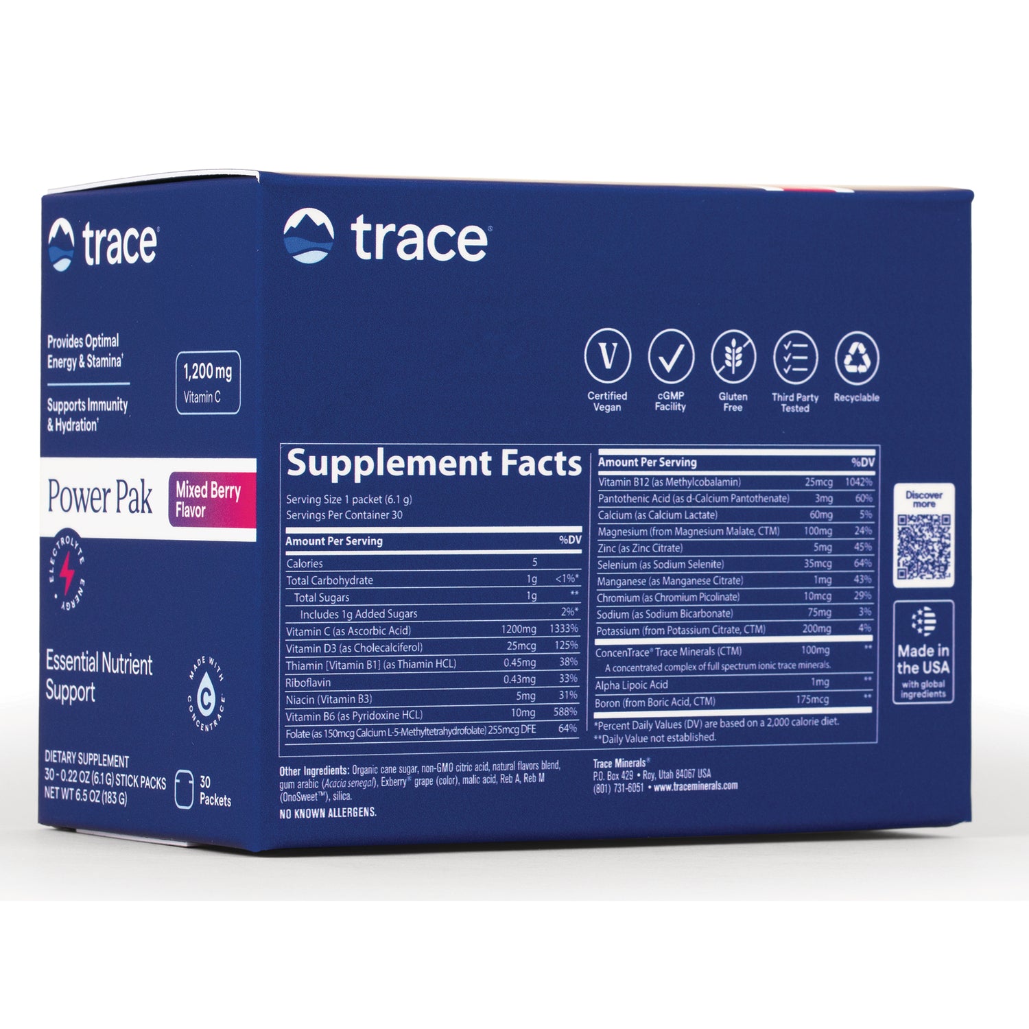 TM119 | Trace Power Pak Mixed Berry box back with Supplement Facts panel and icons: Vegan, cGMP, Gluten Free, Third Party Tested
