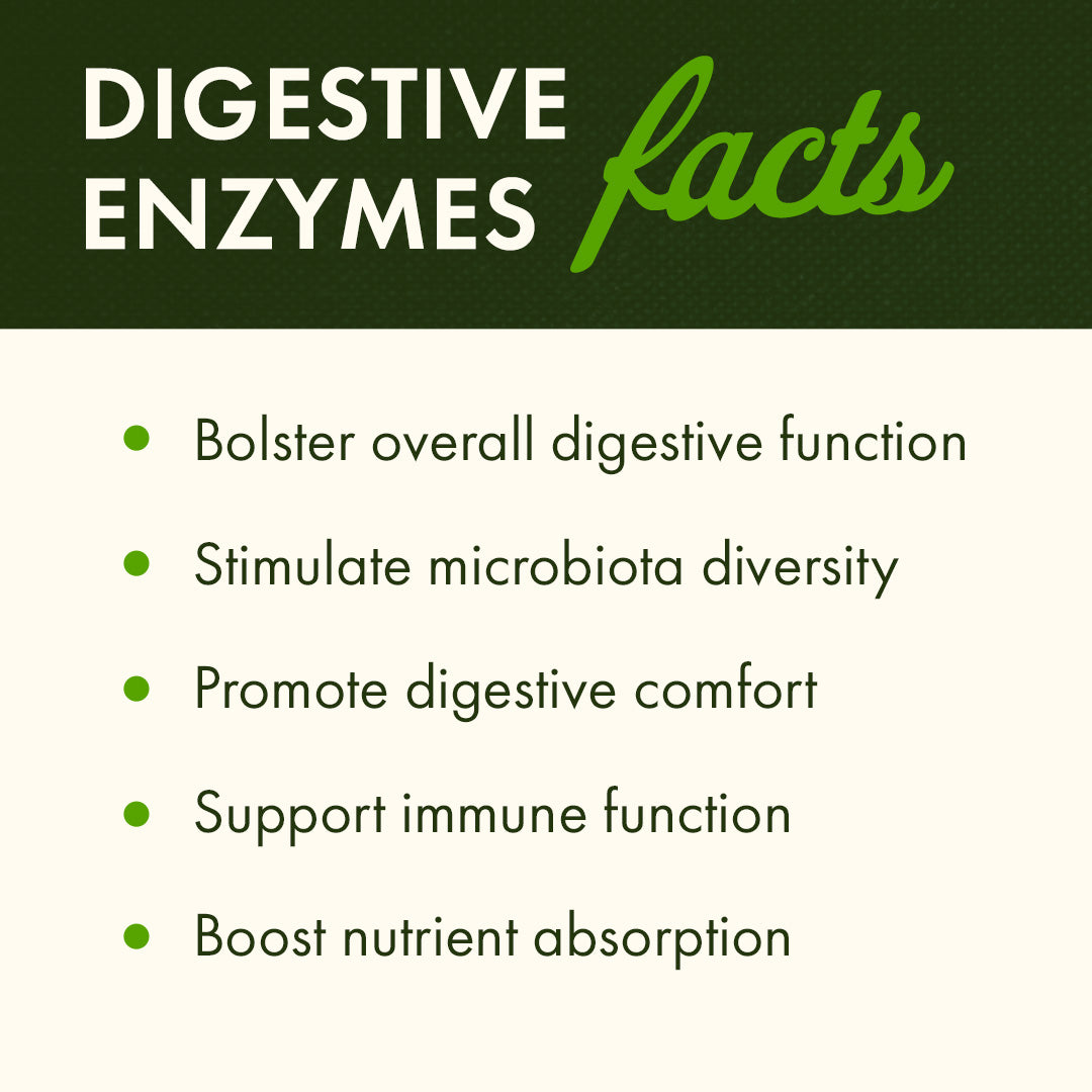 SWC110 | Digestive Enzymes facts: Bolster digestive function, microbiota diversity, comfort, immune function, nutrient absorption