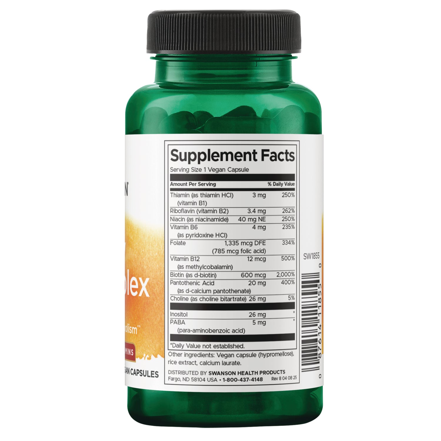 SW1855 | Supplement Facts panel with B vitamins, folate, biotin, choline, inositol, PABA