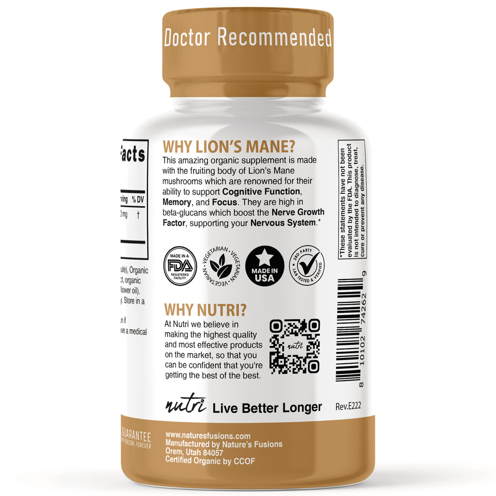 NFU004 | Back of white supplement bottle label reading WHY LION'S MANE? and WHY NUTRI? with icons, QR code, and barcode - Thumbnail