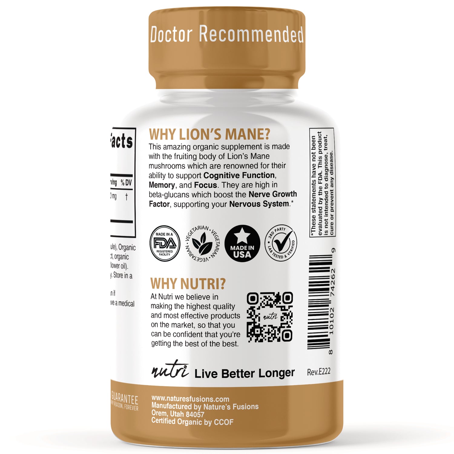 NFU004 | Back of white supplement bottle label reading WHY LION'S MANE? and WHY NUTRI? with icons, QR code, and barcode