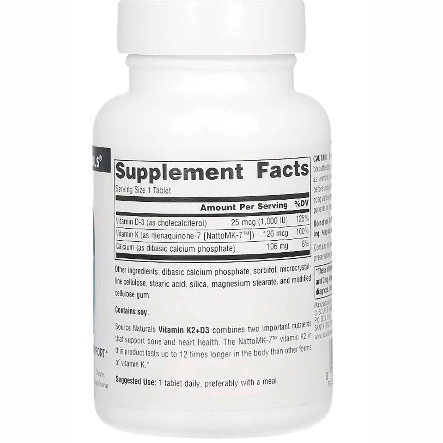 SN142 | Back of white supplement bottle showing Supplement Facts label, ingredient list, and suggested use