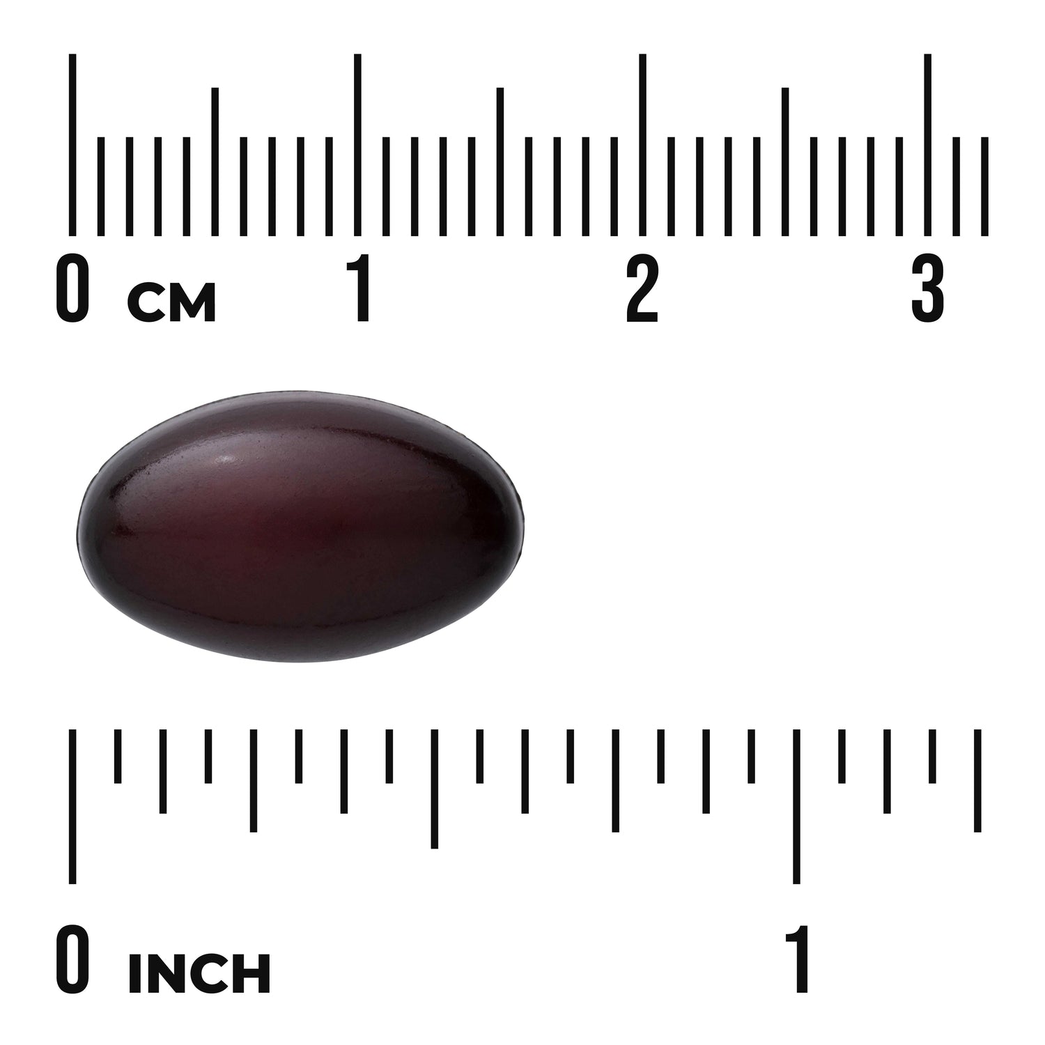 SWU1085 | Dark oval softgel shown with cm and inch ruler for size