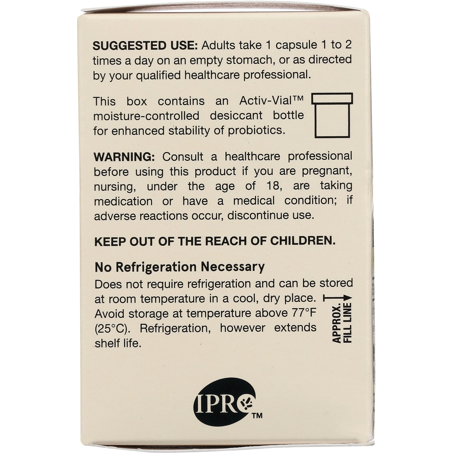Back of supplement box showing suggested use, warning, no refrigeration necessary text and IPRO logo