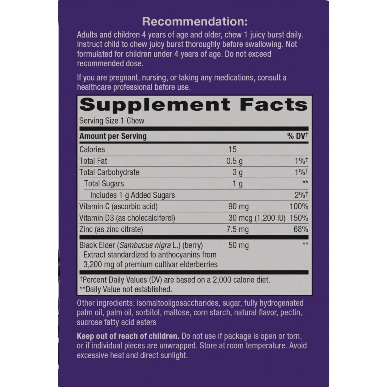 NW1072 | Back panel showing Supplement Facts with serving size, nutrient amounts, ingredients and usage recommendations