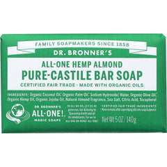 DRB001 | Dr. Bronner's All-One Hemp Almond Pure-Castile bar soap front packaging showing ingredients and net wt 5 oz