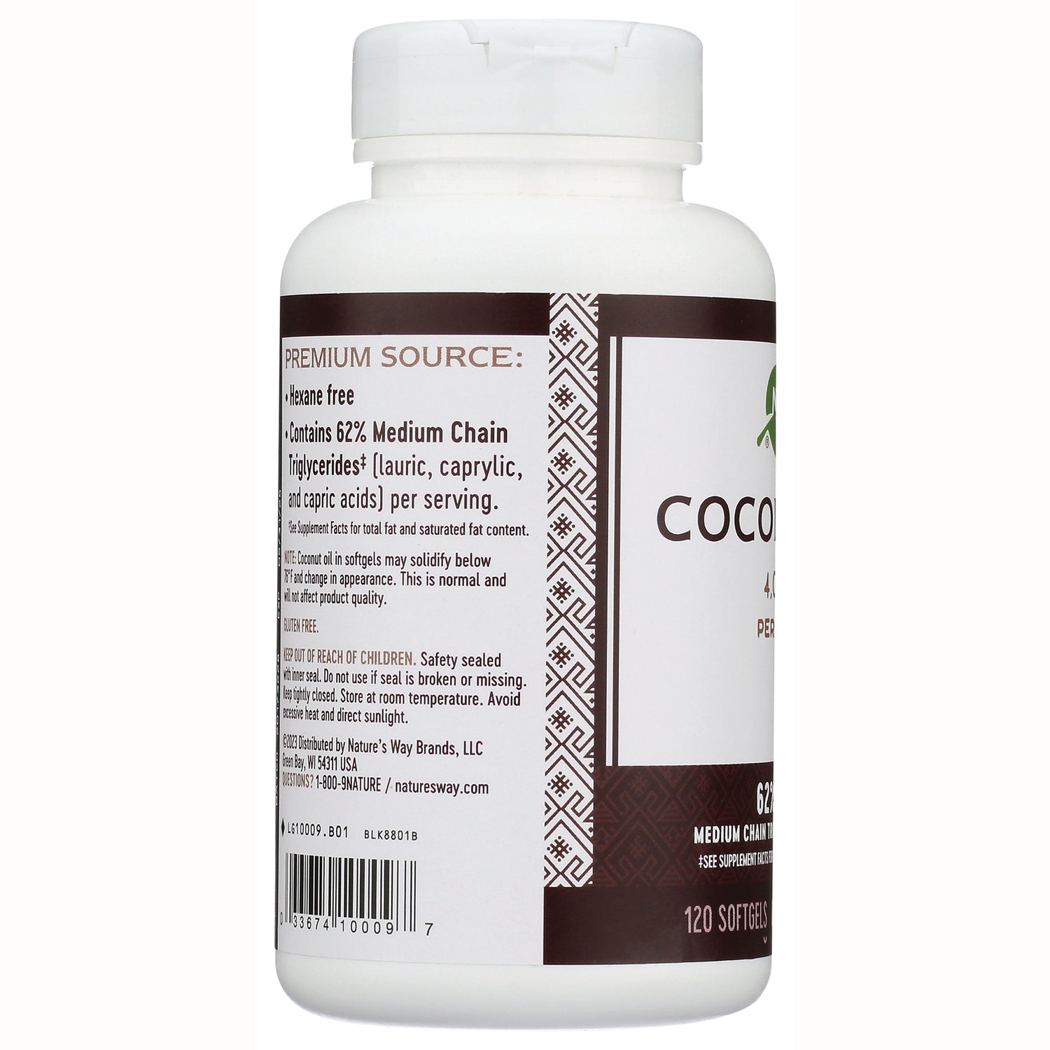 NW864 | bottle side panel labeled Premium Source with 62% medium chain triglycerides and safety info
