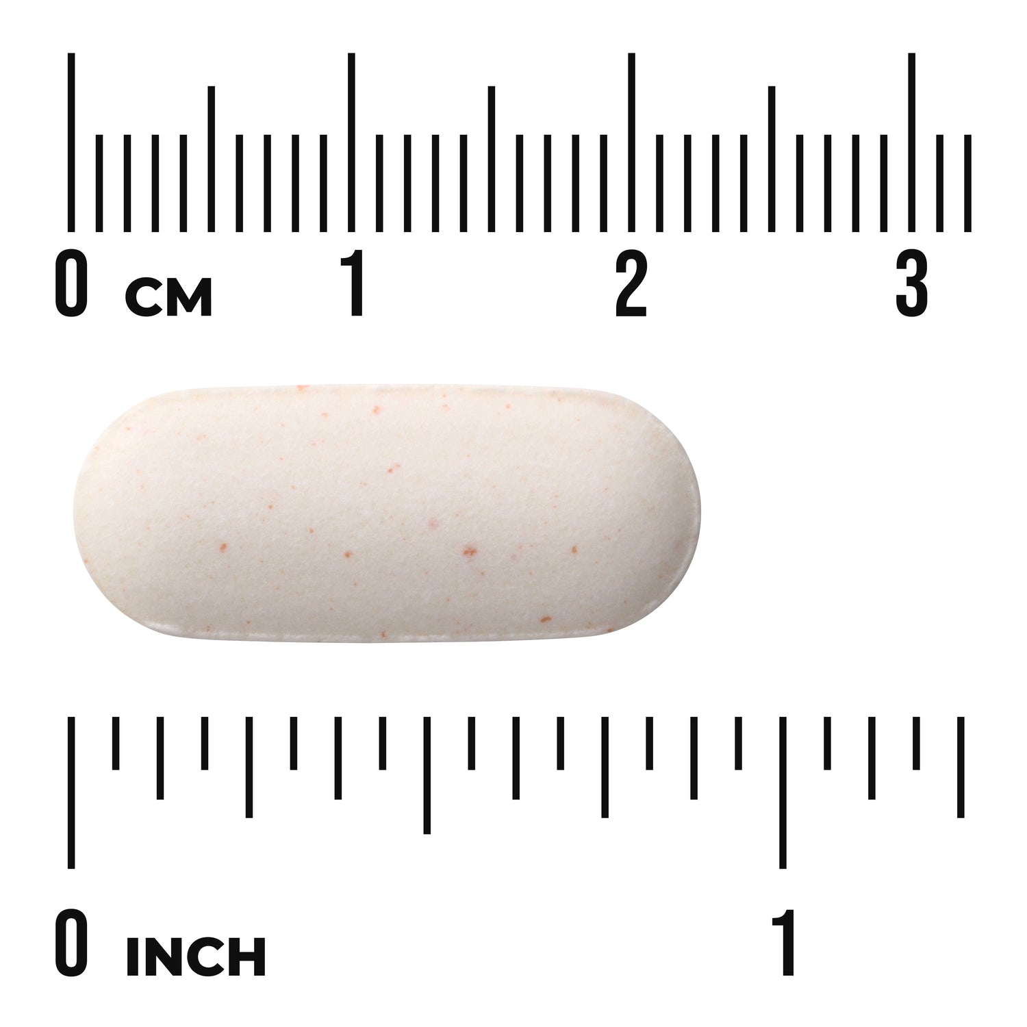 SW1828 | Beige speckled oblong tablet shown against cm and inch ruler for size