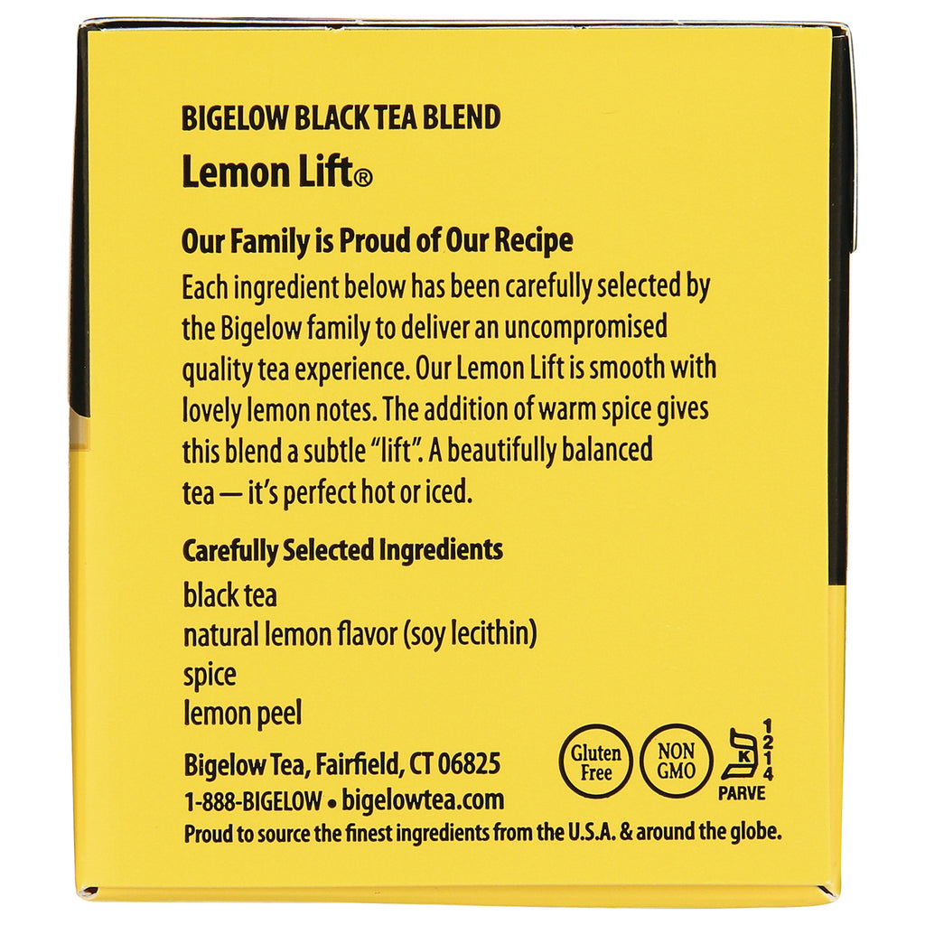 BGT010 | Back of yellow Bigelow Lemon Lift tea box with product description, ingredients list (black tea, lemon peel) and Gluten Free and Non GMO badges - Thumbnail
