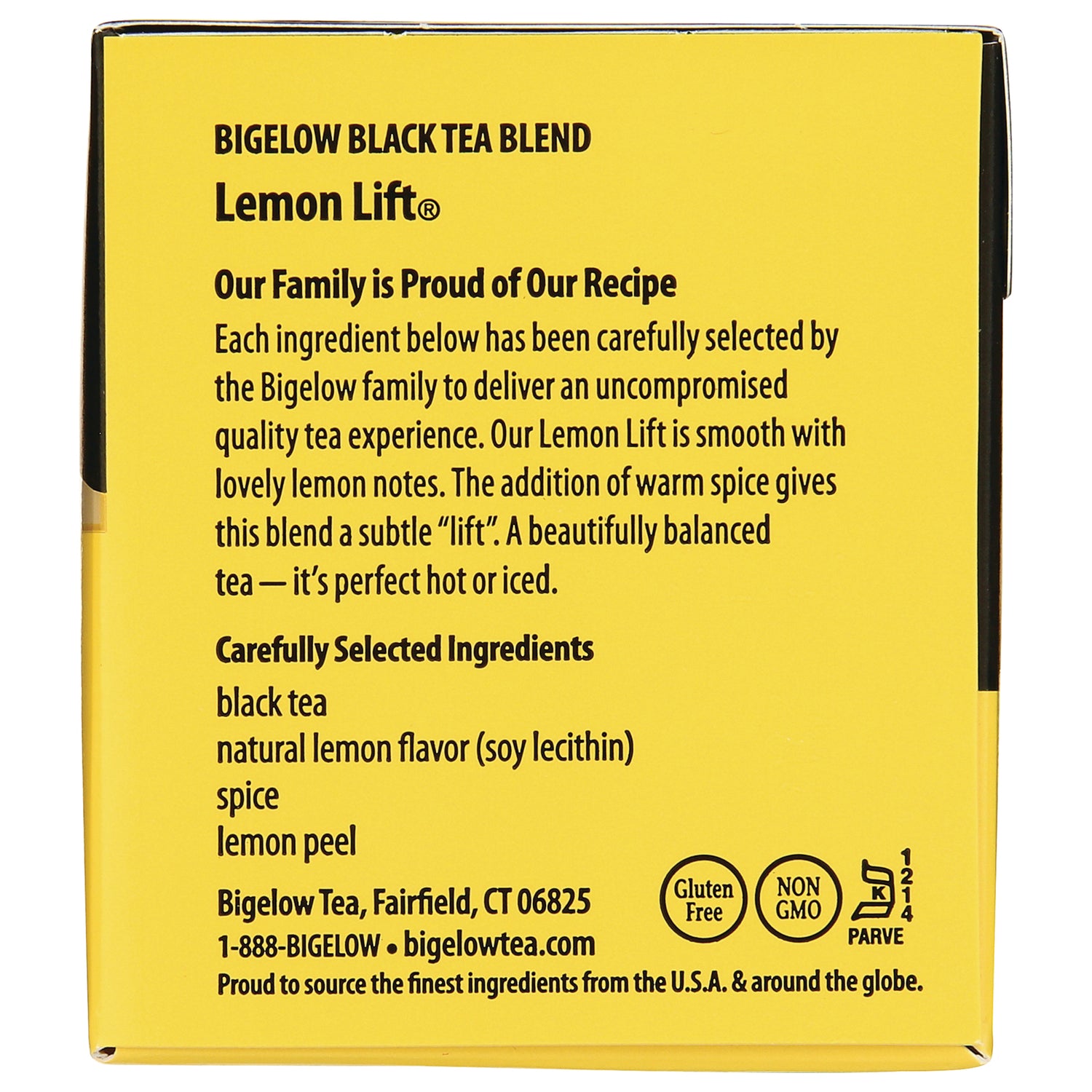 BGT010 | Back of yellow Bigelow Lemon Lift tea box with product description, ingredients list (black tea, lemon peel) and Gluten Free and Non GMO badges