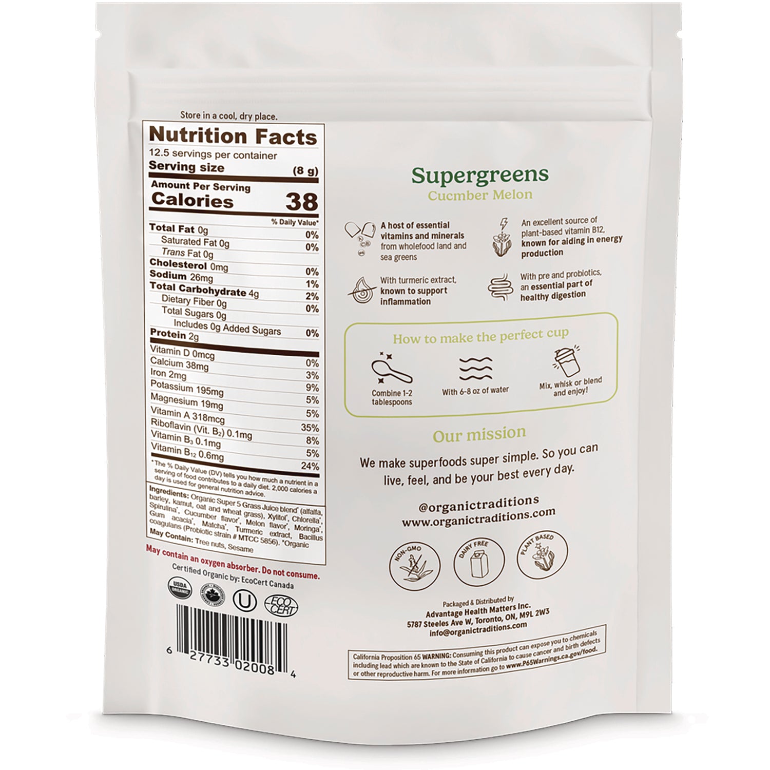 OTR105 | Back of Supergreens Cucumber Melon pouch showing nutrition facts, prep steps, barcode, and mission text