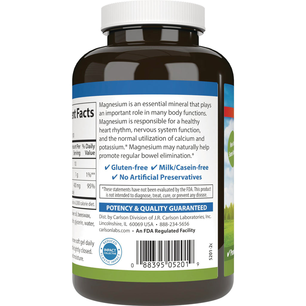 Back of supplement bottle showing magnesium description, gluten-free, milk/casein-free labels, potency guarantee and barcode - Thumbnail