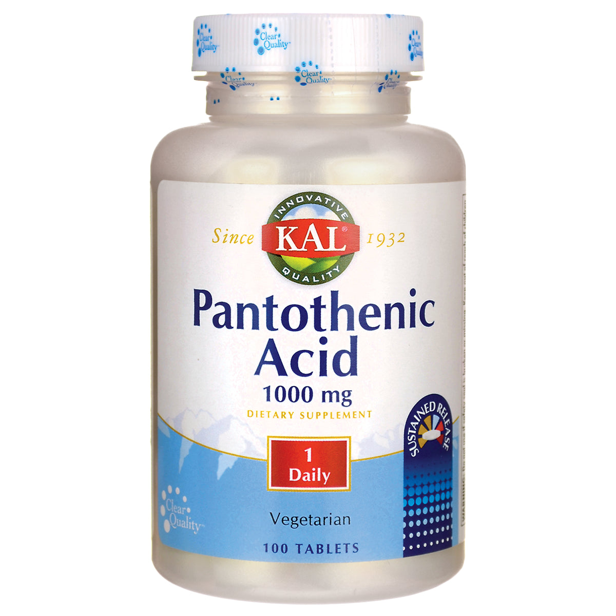 KL529 | KAL Pantothenic Acid 1000 mg dietary supplement bottle, 100 vegetarian tablets, 1 Daily