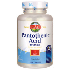 KL529 | KAL Pantothenic Acid 1000 mg dietary supplement bottle, 100 vegetarian tablets, 1 Daily