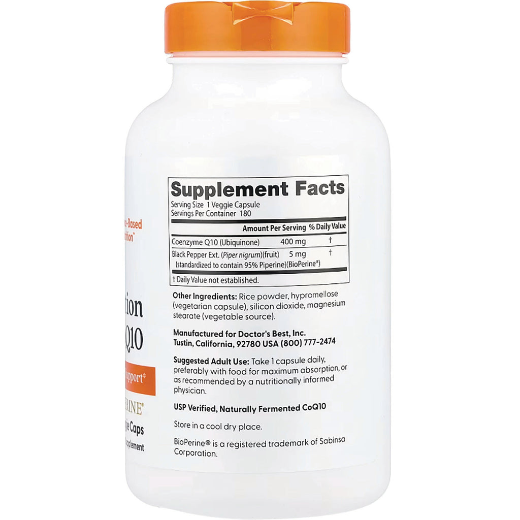 DB241 | Back of white supplement bottle showing Supplement Facts panel listing Coenzyme Q10 400 mg, other ingredients, and manufacturer info - Thumbnail