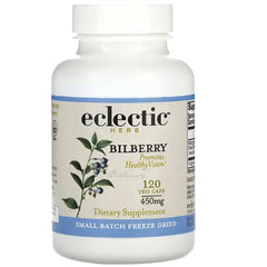 EC018 | Eclectic Herb Bilberry dietary supplement bottle front, 120 veg caps 450mg, small batch freeze dried