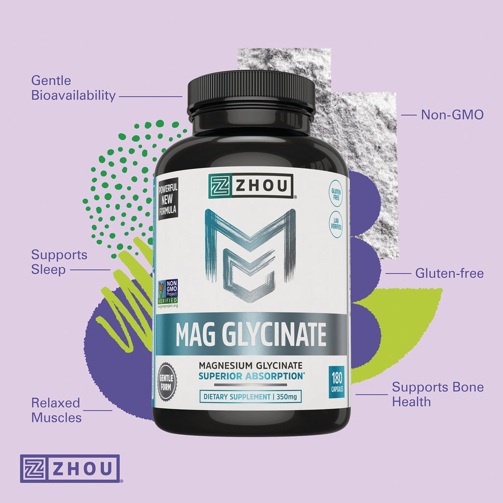 ZOU072 | Zhou Mag Glycinate, 180 capsules; supports sleep, relaxed muscles, bone health; Non-GMO, gluten-free - Thumbnail
