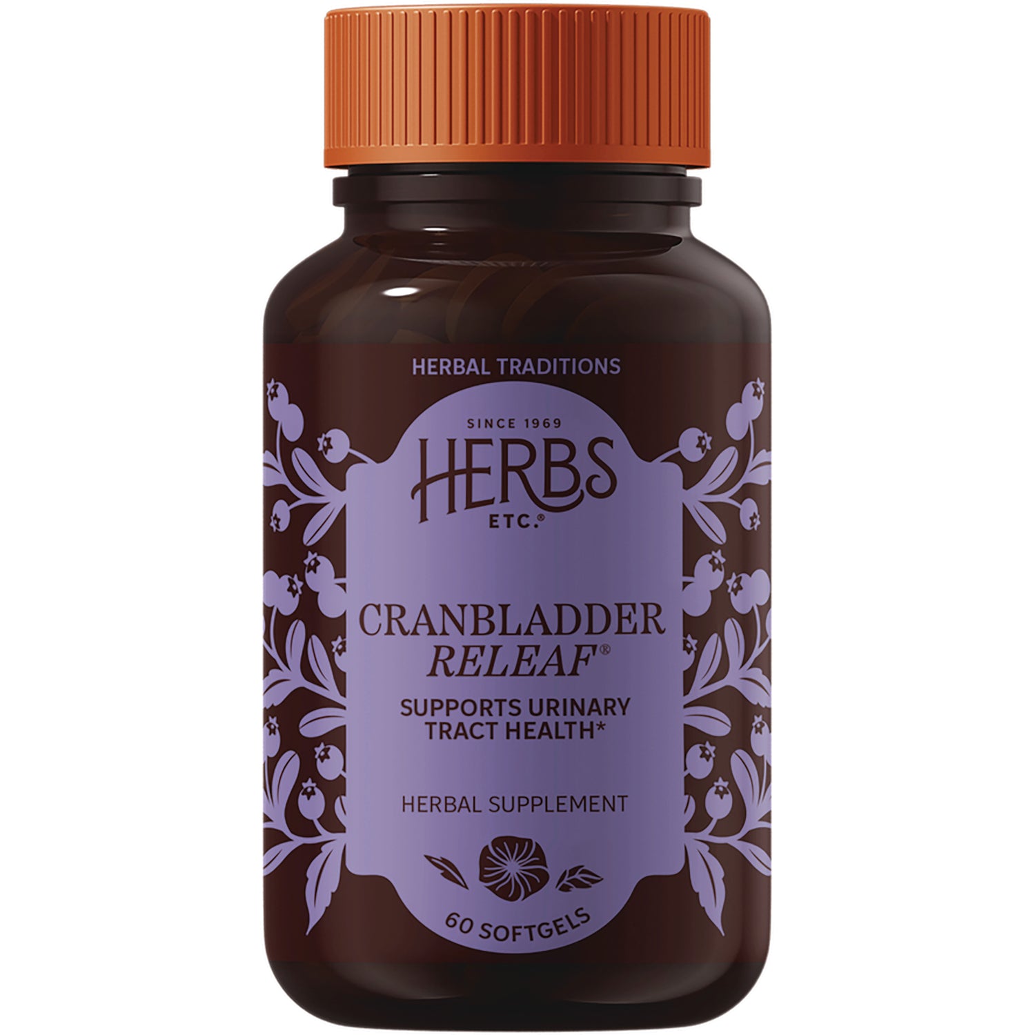 HE114 | Brown bottle with orange cap labeled HERBS ETC Cranbladder Releaf supports urinary tract health 60 softgels