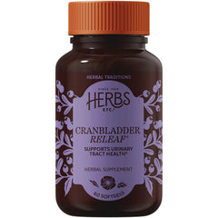 HE114 | Brown bottle with orange cap labeled HERBS ETC Cranbladder Releaf supports urinary tract health 60 softgels