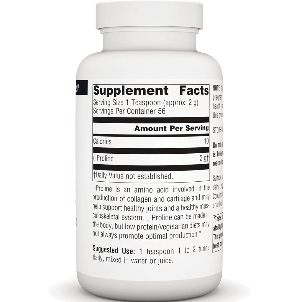 SN817 | Back label with Supplement Facts: serving size 1 teaspoon (2 g), 56 servings, L-Proline 2 g - Thumbnail