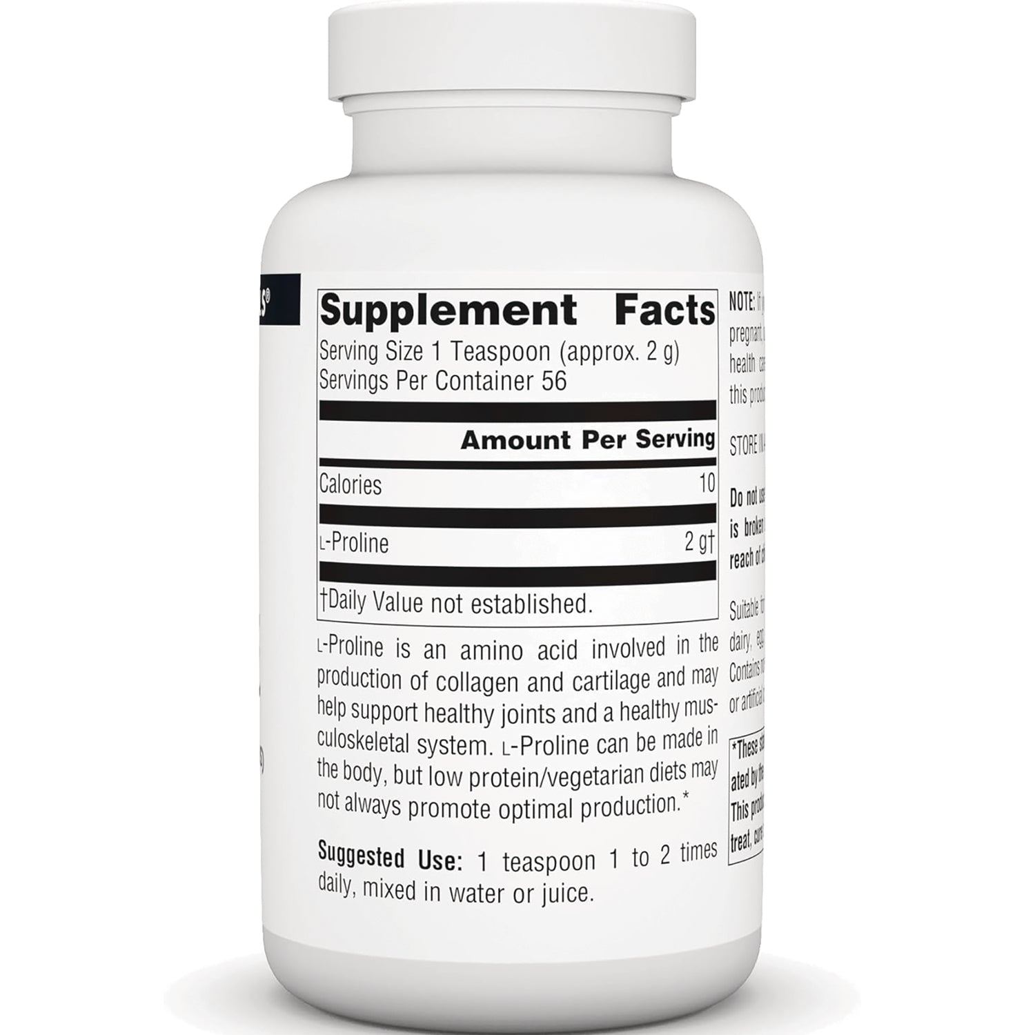 SN817 | Back label with Supplement Facts: serving size 1 teaspoon (2 g), 56 servings, L-Proline 2 g