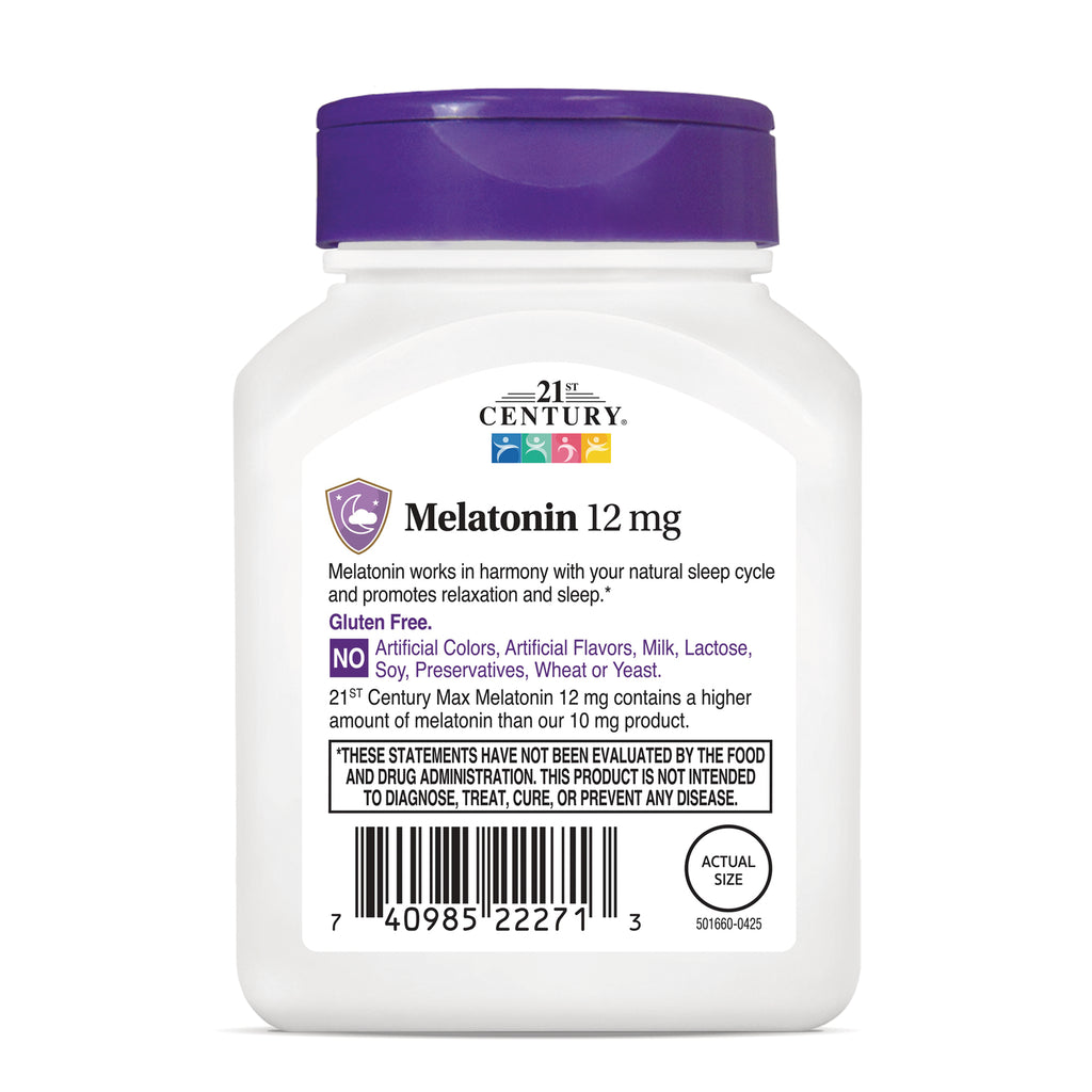 CNT293 | 21st Century Melatonin 12 mg white bottle label showing product name, gluten free claim and barcode - Thumbnail