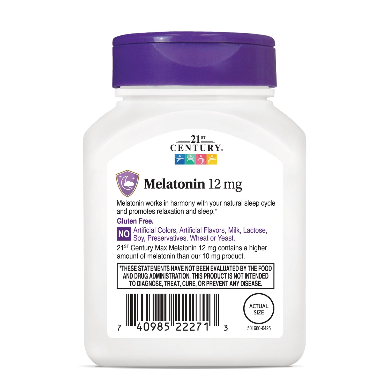 CNT293 | 21st Century Melatonin 12 mg white bottle label showing product name, gluten free claim and barcode