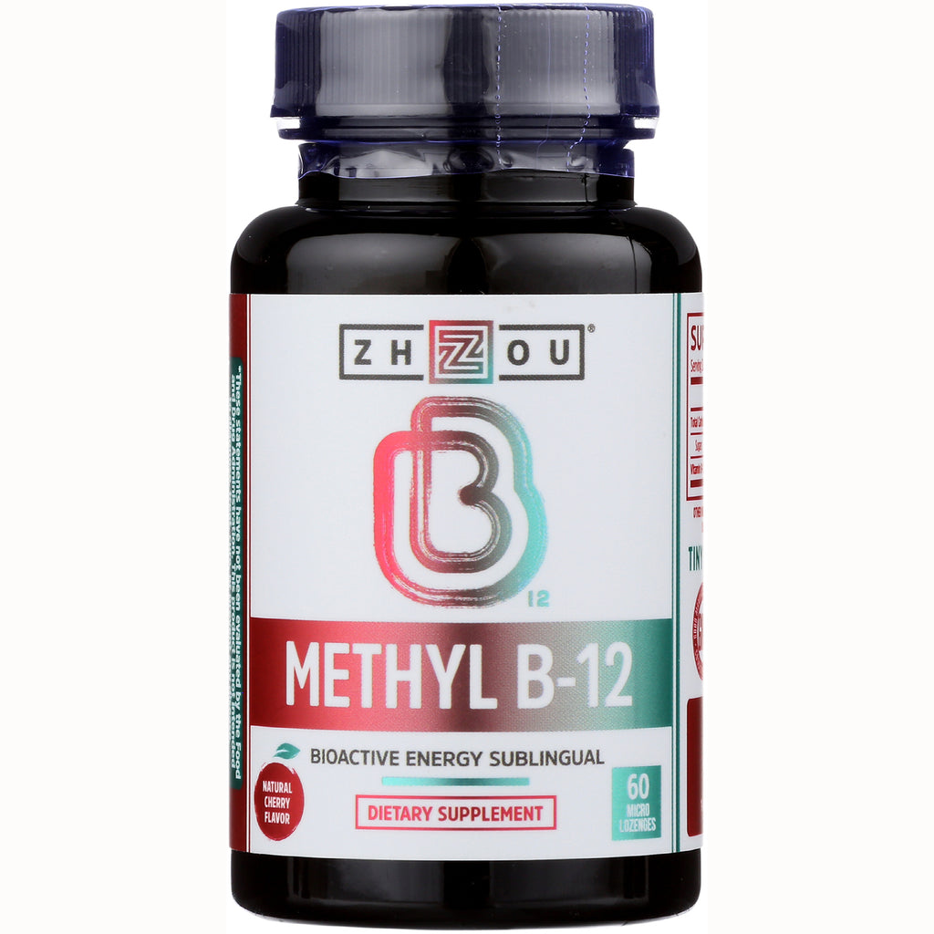 ZOU019 | Zhou Methyl B-12 dietary supplement bottle, bioactive energy sublingual, 60 micro lozenges, natural cherry flavor - Thumbnail