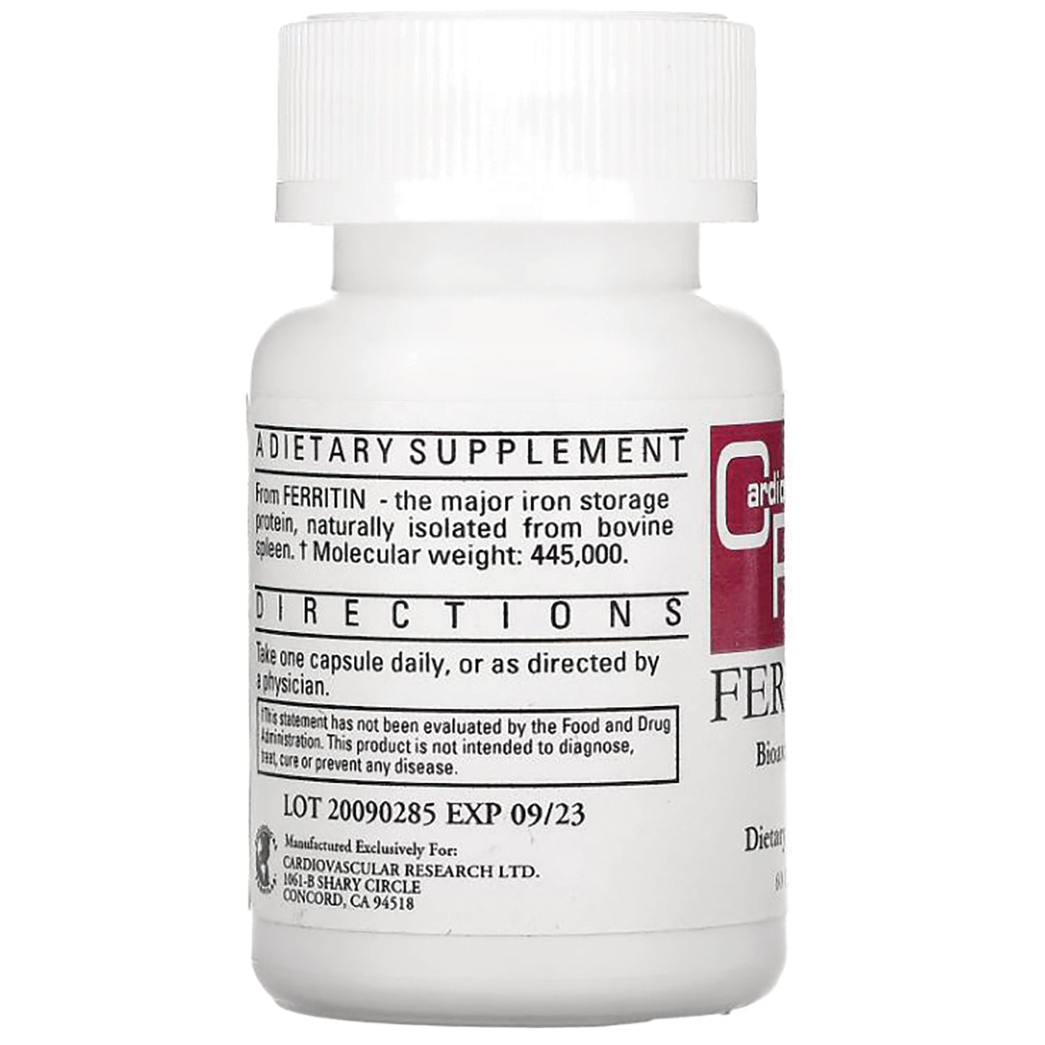 CRR012 | back label of white dietary supplement bottle showing directions, dietary supplement heading, and LOT 20090285 EXP 09/23