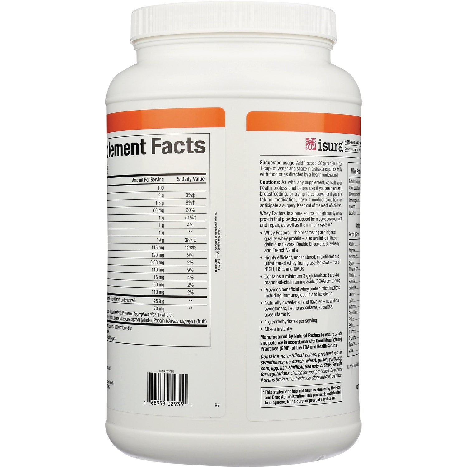 NFC108 | Back of white supplement powder container showing Supplement Facts panel and usage text