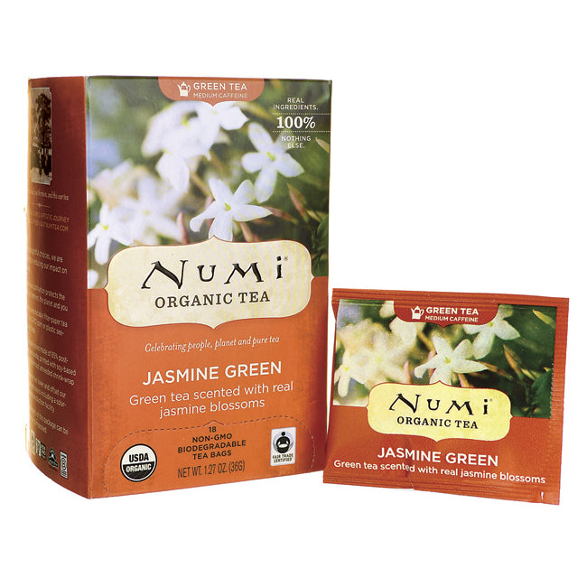 Numi Organic Tea Jasmine Green box with a matching tea bag sachet front view - Thumbnail