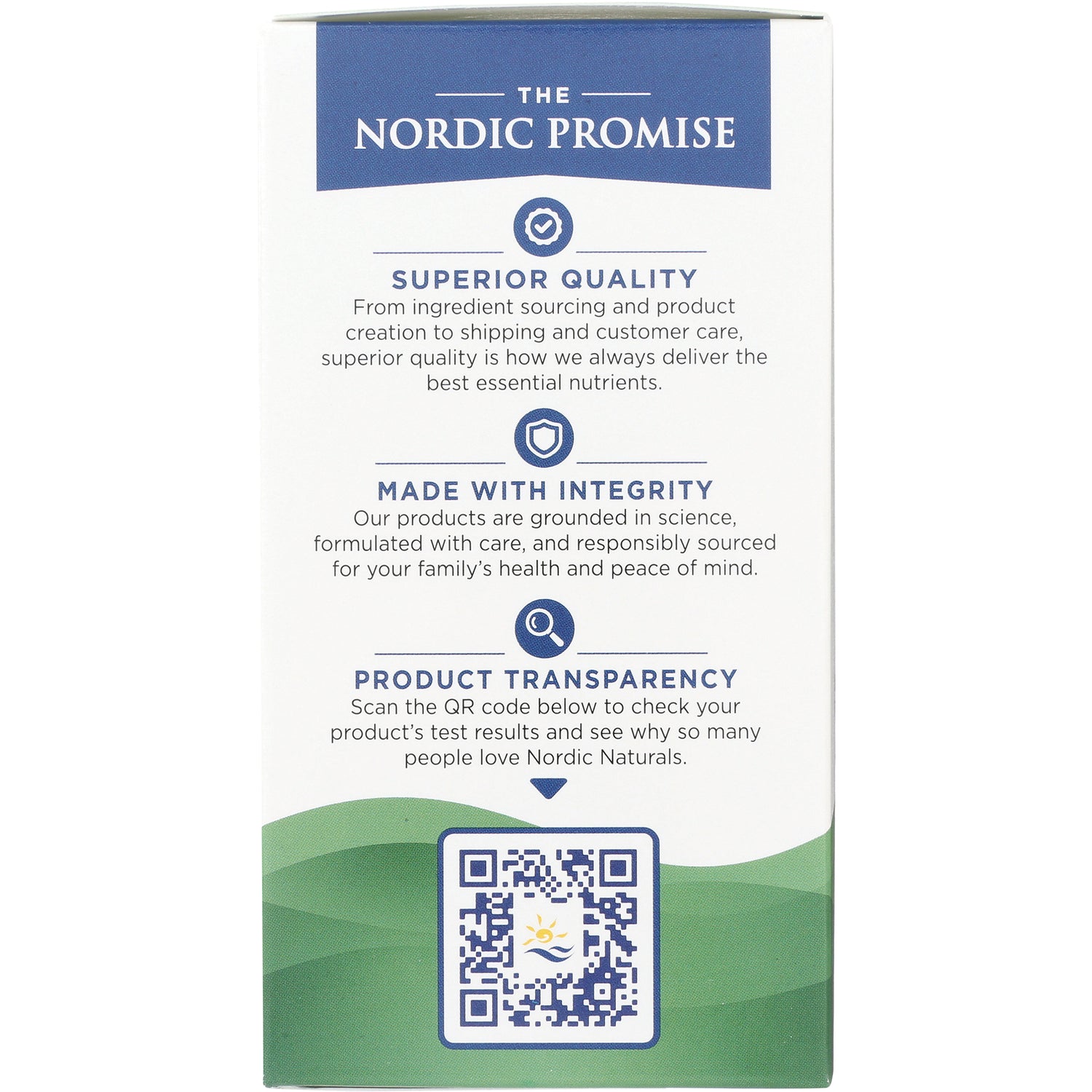 NRN035 | The Nordic Promise infographic panel listing Superior Quality, Made With Integrity, Product Transparency and a QR code
