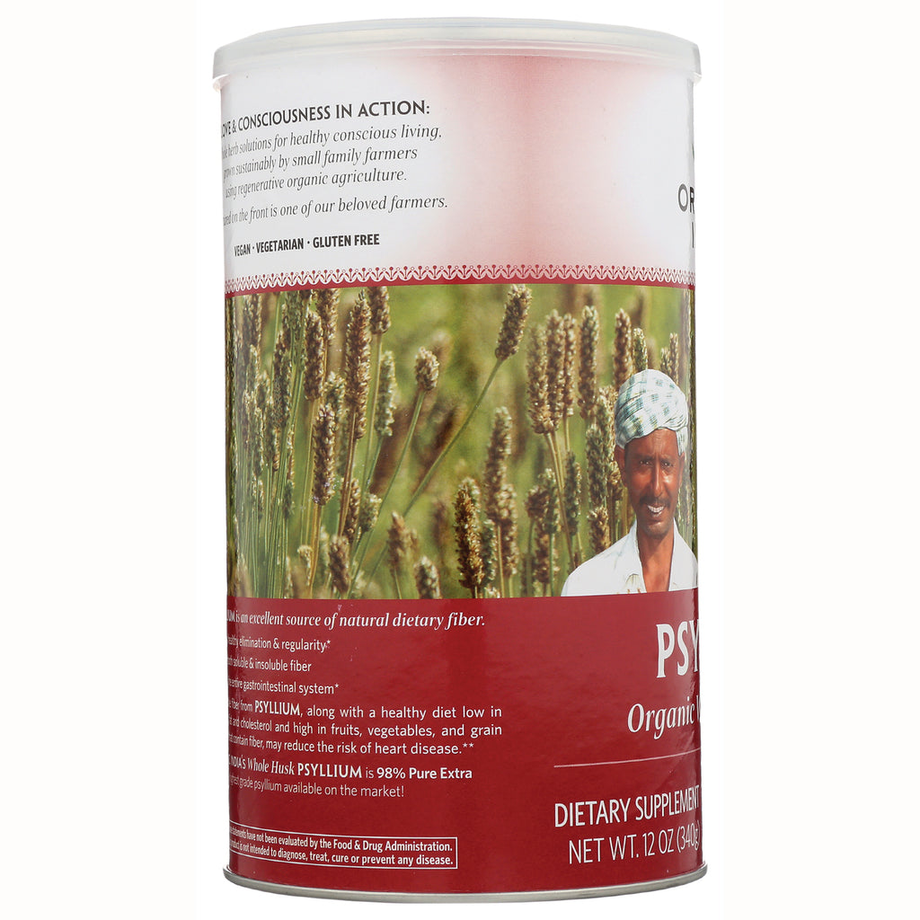 RGN028 | Back of psyllium supplement can showing ingredient text, field graphic and farmer photo - Thumbnail
