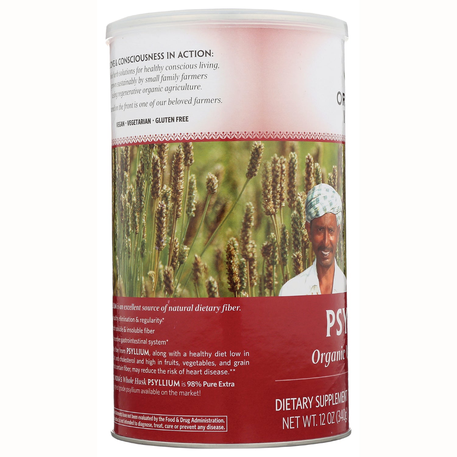 RGN028 | Back of psyllium supplement can showing ingredient text, field graphic and farmer photo