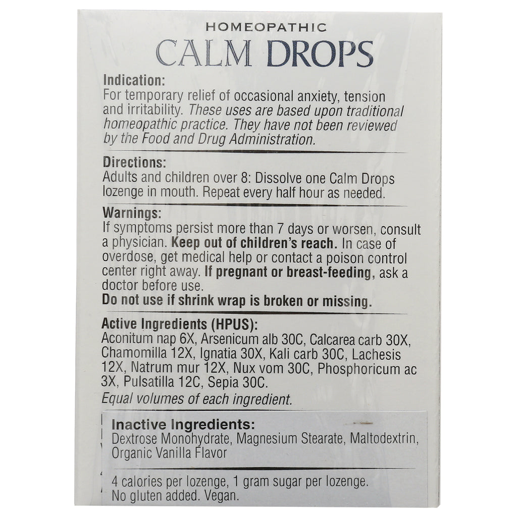 HLR002 | back panel of Calm Drops homeopathic lozenge box showing indications, directions, warnings, and ingredient lists - Thumbnail