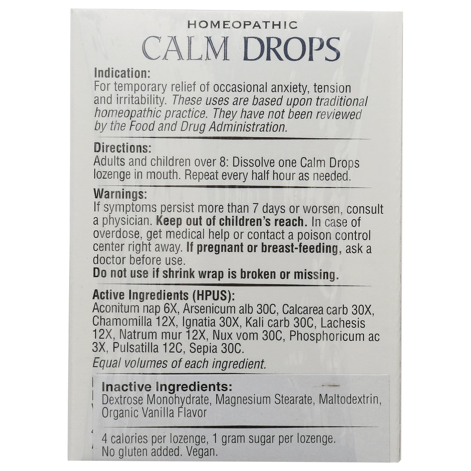 HLR002 | back panel of Calm Drops homeopathic lozenge box showing indications, directions, warnings, and ingredient lists