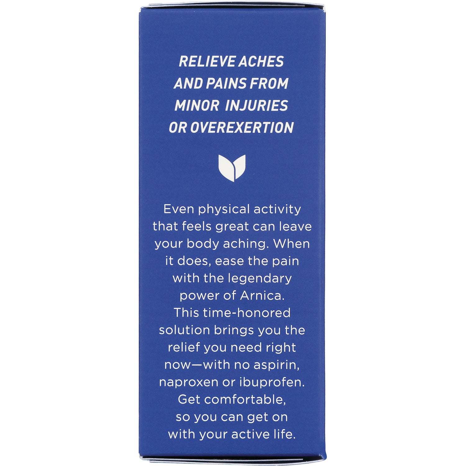 HY244 | blue side panel with product infographic text about relieving aches and pains using Arnica, no aspirin naproxen or ibuprofen
