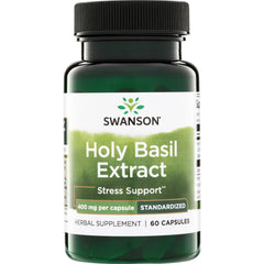 SWH144 | Swanson Holy Basil Extract supplement bottle, Stress Support, 400 mg per capsule, 60 capsules, standardized