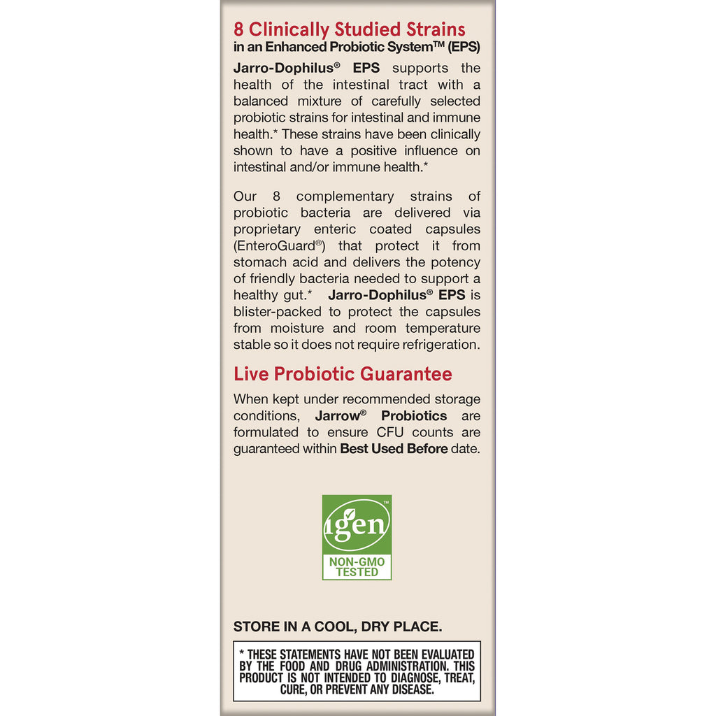 JR019 | back panel of probiotic box listing 8 clinically studied strains, live probiotic guarantee, and non-GMO tested logo - Thumbnail