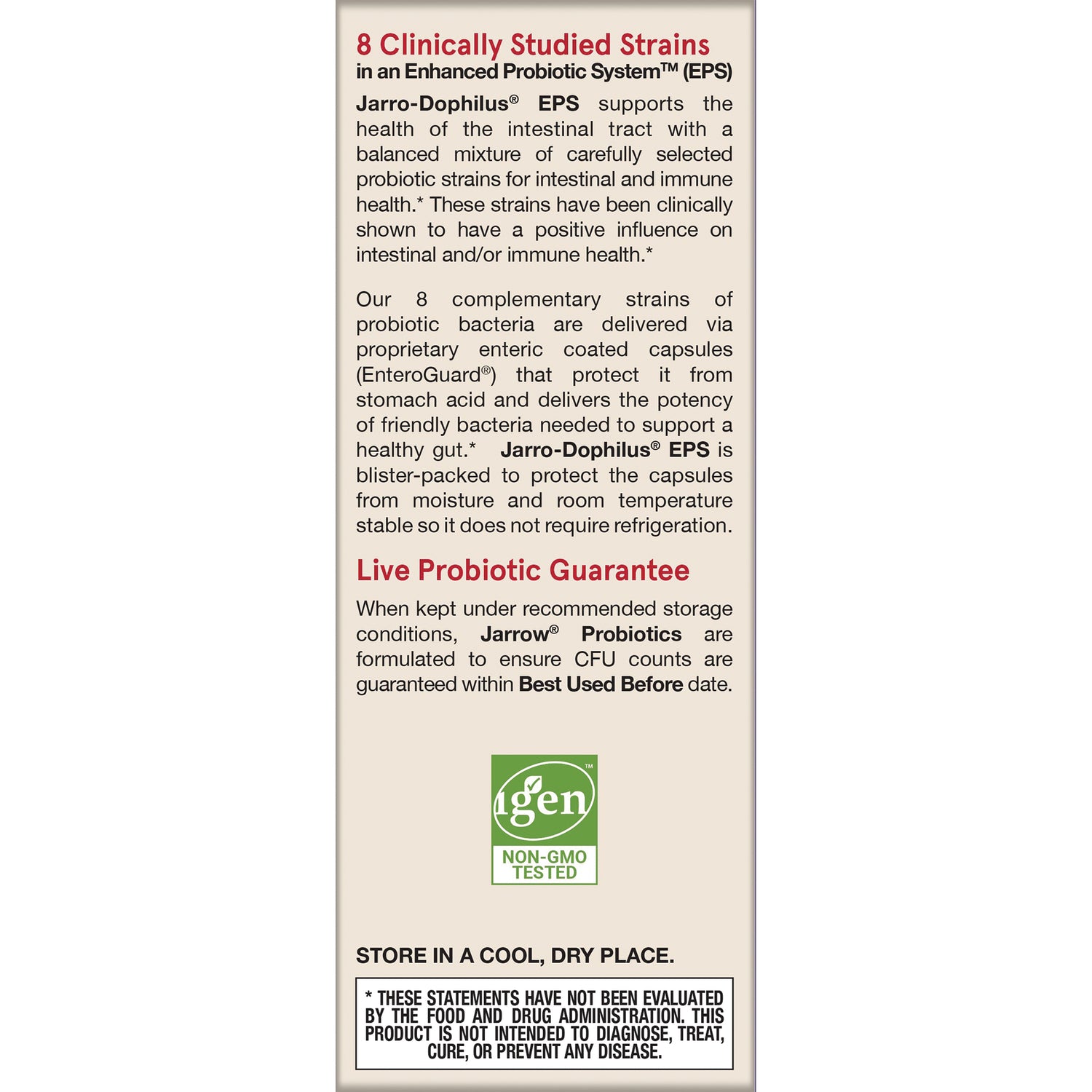 JR019 | back panel of probiotic box listing 8 clinically studied strains, live probiotic guarantee, and non-GMO tested logo