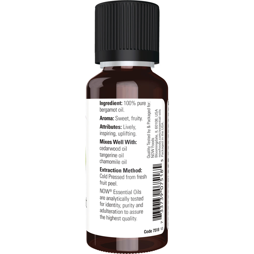 NWF1136 | Back label of amber essential oil bottle listing 100% pure bergamot oil, aroma, mixes, extraction method and barcode - Thumbnail