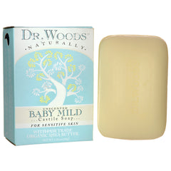DRW016 | Dr. Woods Baby Mild Castile soap box and pale yellow bar shown side by side