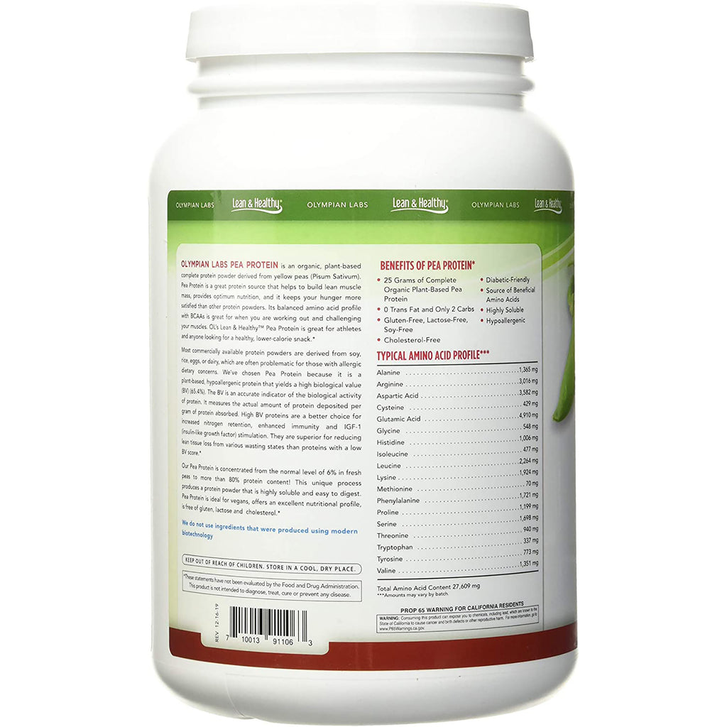 OL005 | back label of white protein powder tub showing benefits, amino acid profile and barcode - Thumbnail