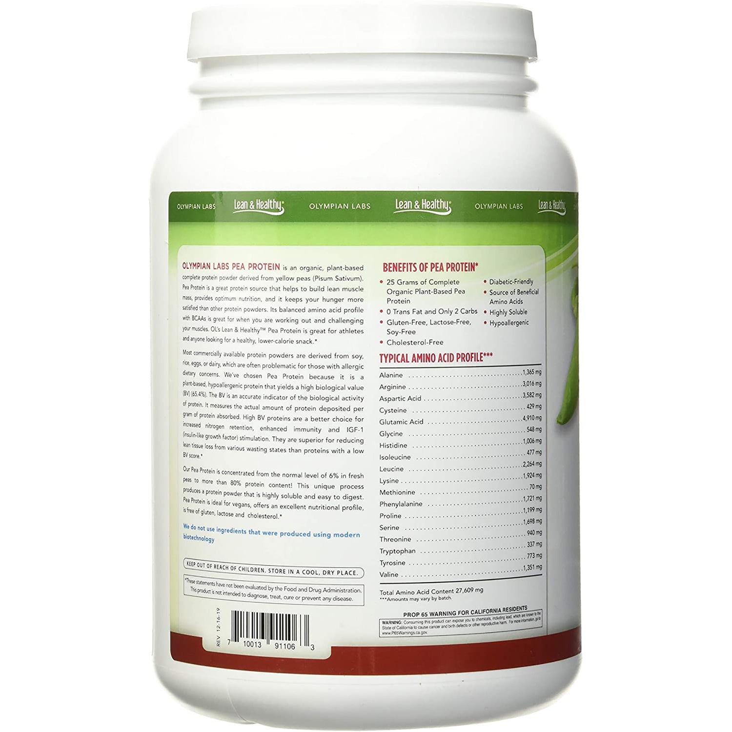 OL005 | back label of white protein powder tub showing benefits, amino acid profile and barcode