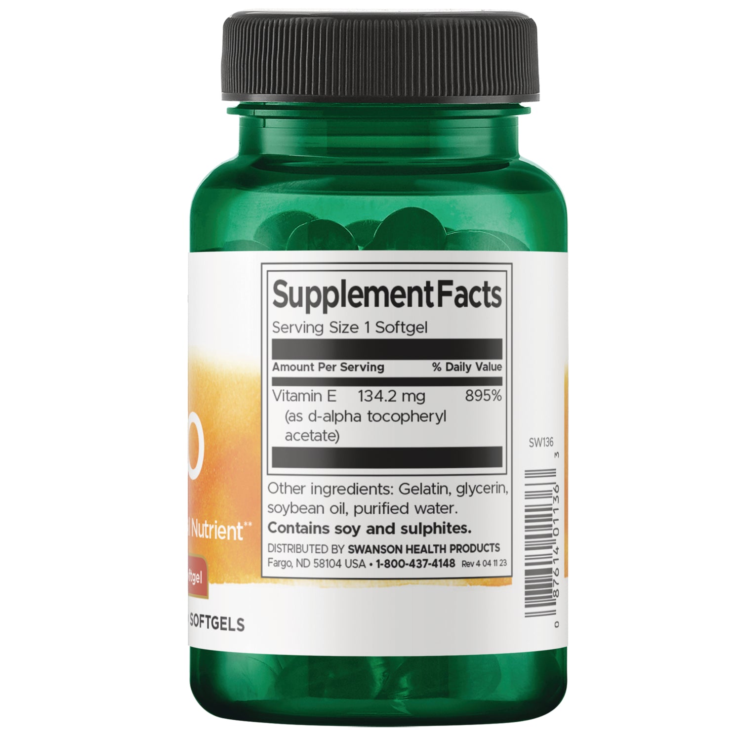 SW136 | Back label with supplement facts and serving size information