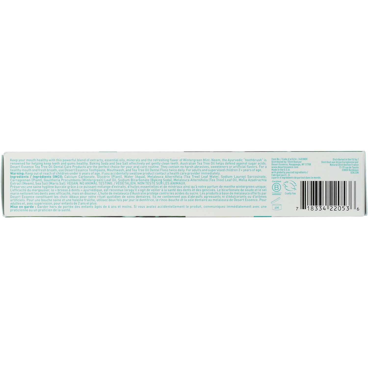 DST026 | back of toothpaste box showing ingredients, directions, warnings, and barcode