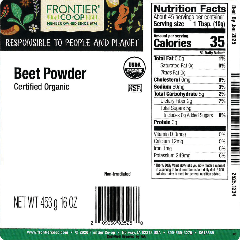 FNP388 | Back of Frontier Co-op Beet Powder certified organic package showing Nutrition Facts panel, barcode, and NET WT 453 g 16 OZ - Thumbnail