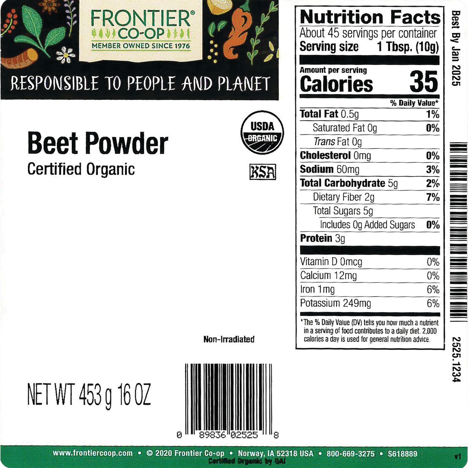 FNP388 | Back of Frontier Co-op Beet Powder certified organic package showing Nutrition Facts panel, barcode, and NET WT 453 g 16 OZ